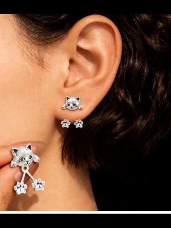 Jewelry - Silver Cat Face and Paw Stud Earrings - Pets Cat